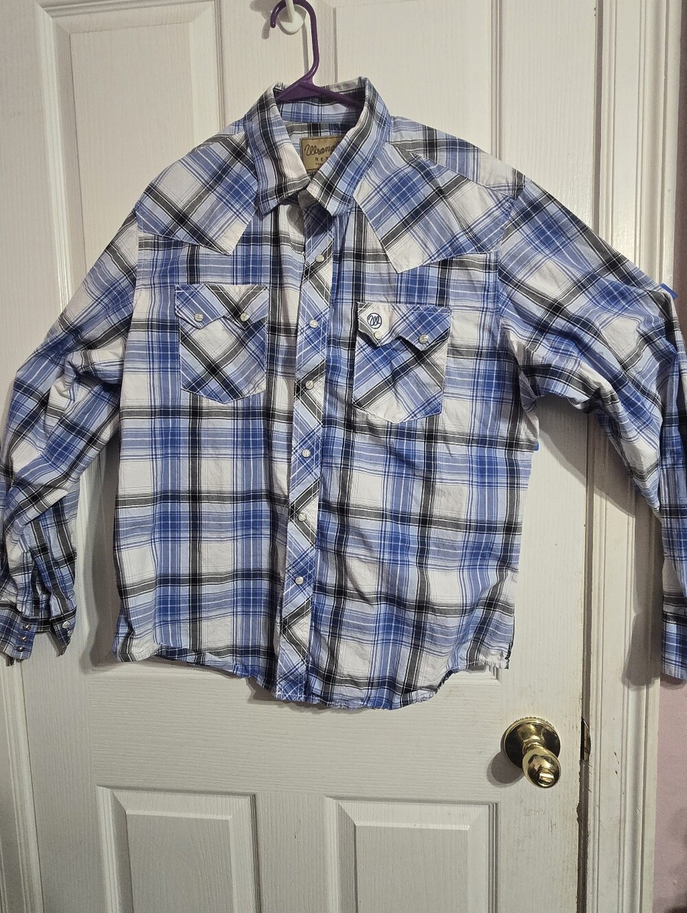 Wrangler Retro Mens Western Pearl Snap Shirt XL Blue White Plaid Long Sleeve Pla